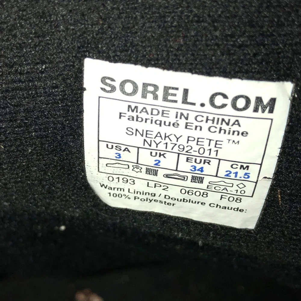 SOREL Sneaky Pete KID'S Size 3 Black Sail Red Leather WINTER Ankle Snow Boots